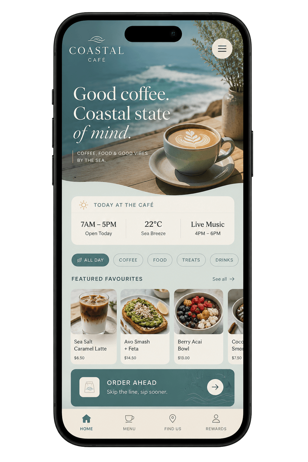 Coastal Café bespoke mobile website mockup