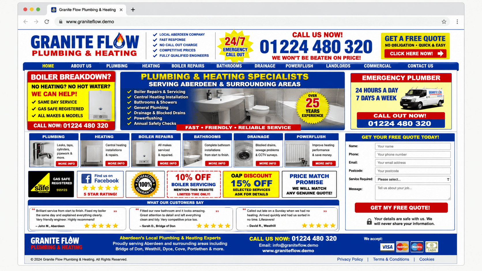 Dated fictional plumbing website example for Granite Flow Plumbing & Heating